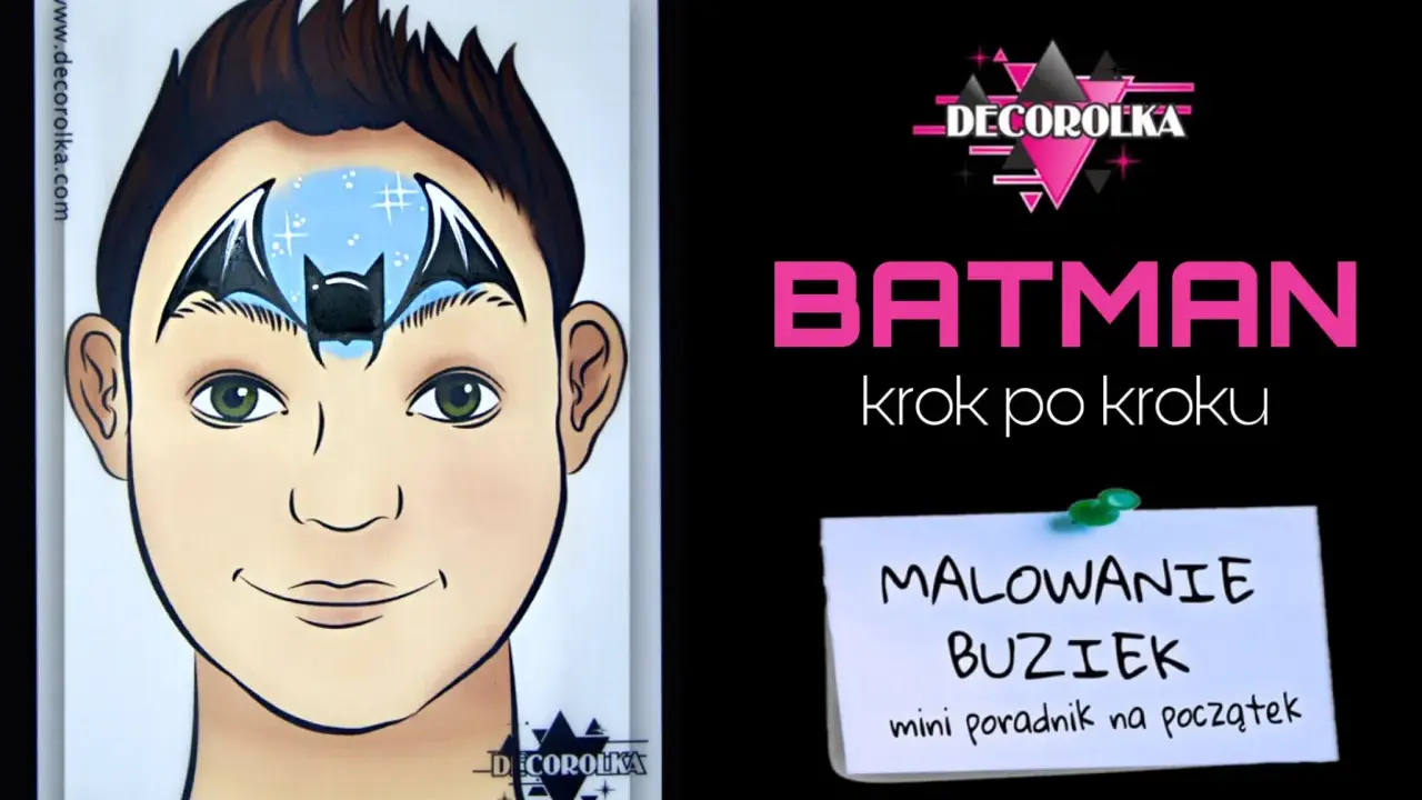 Batman rysunek na czole dziecka, z nietoperzem i gwiazdkami. Obok napis "BATMAN krok po kroku".