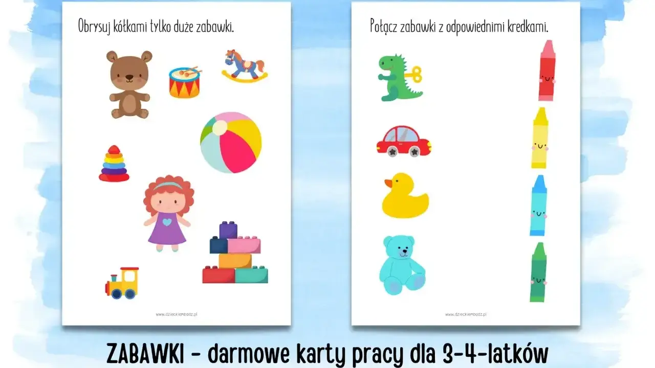 Karty pracy dla dzieci: rysowanie po śladzie zabawek, dopasowywanie ich do kolorowych kredek. Miś, autko, kaczuszka i inne.