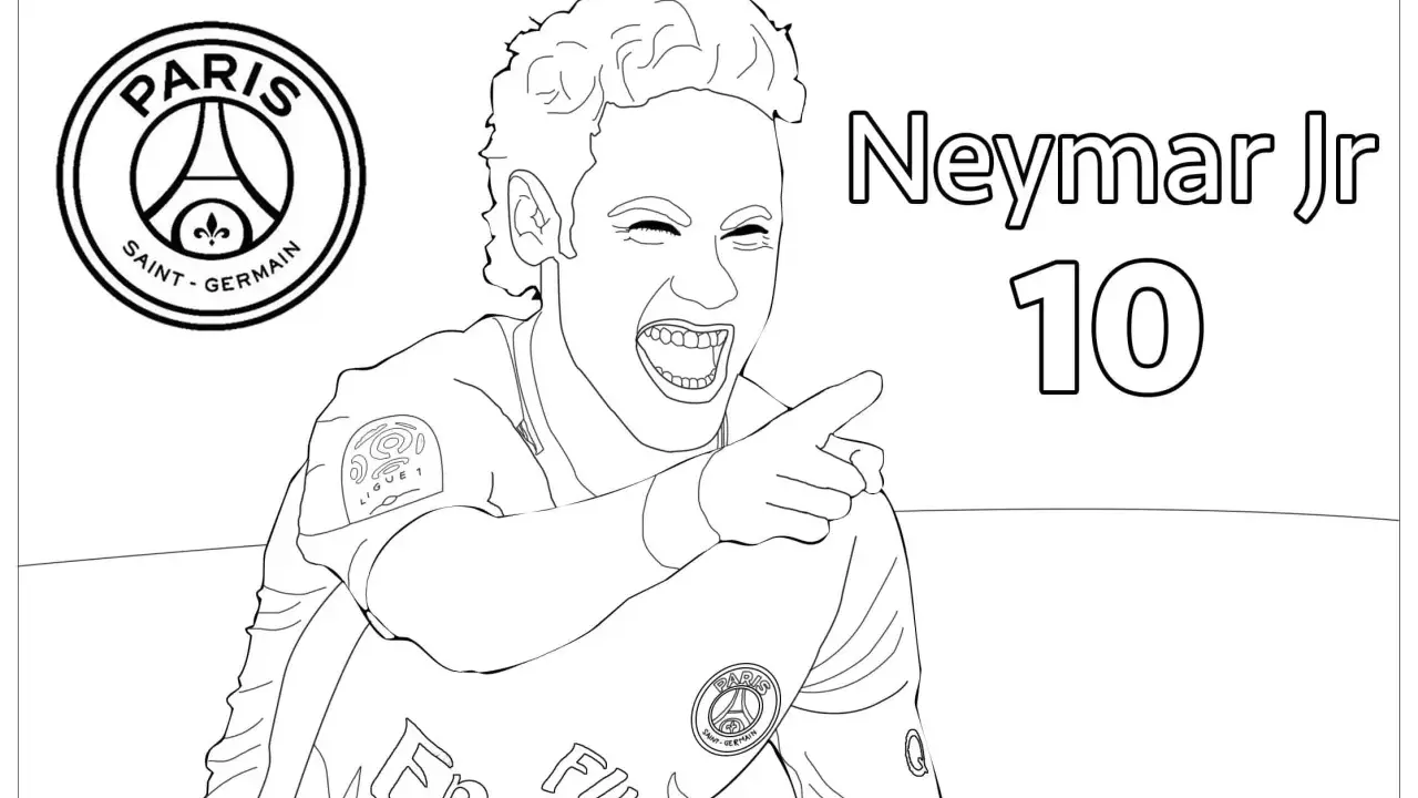 Neymar Jr do druku, z numerem 10 i herbem PSG. Ciesz się kolorowaniem!