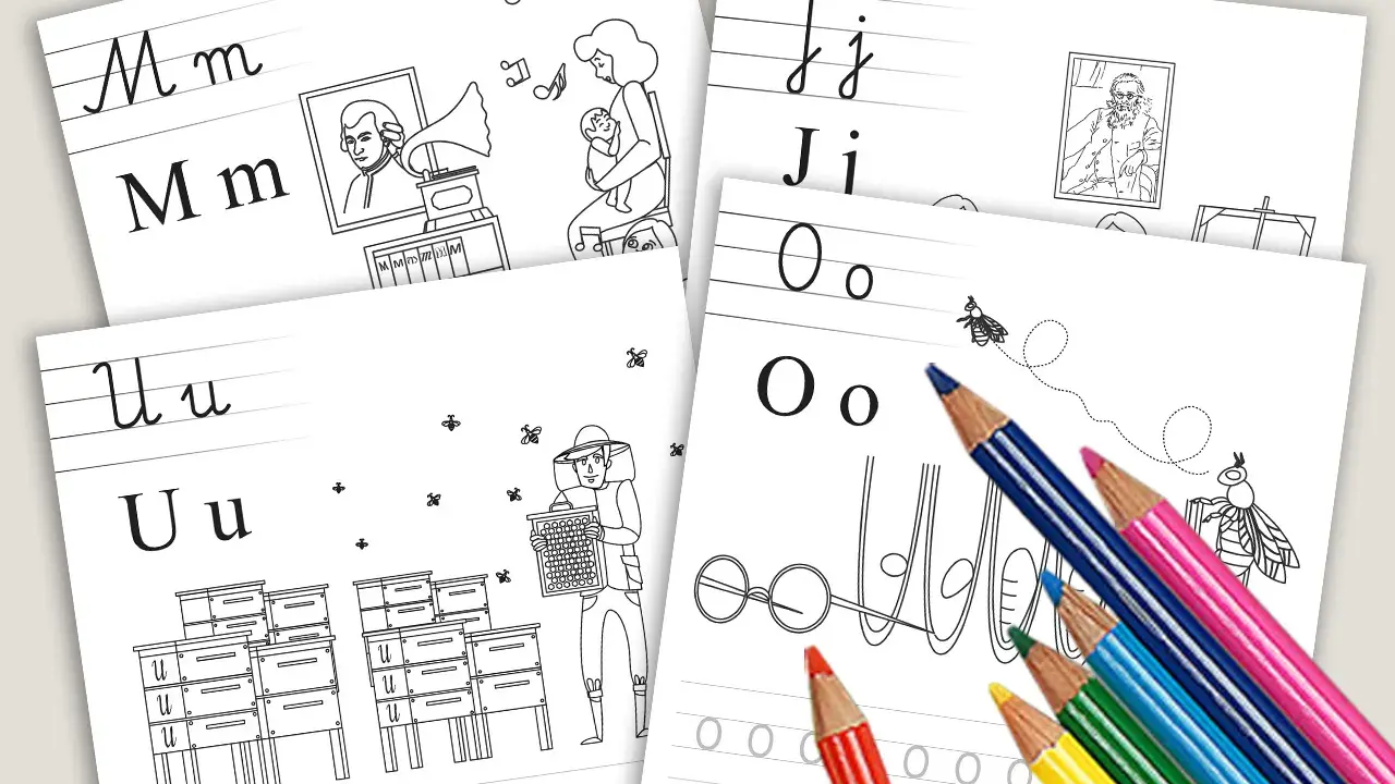 Karta pracy z literą "n" i ilustracjami: pszczoły, ule, muzyka. Kolorowe kredki gotowe do nauki.
