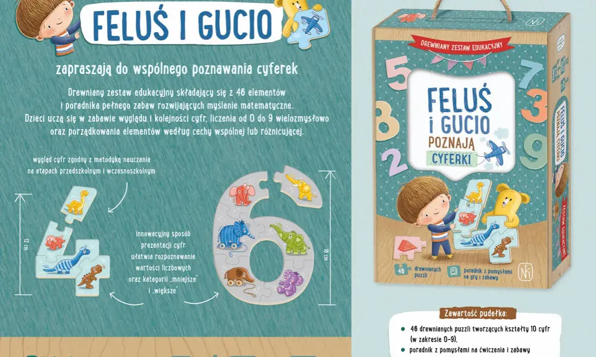 Drewniane puzzle z cyframi dla dzieci. Feluś i Gució zapraszają do nauki liczenia.