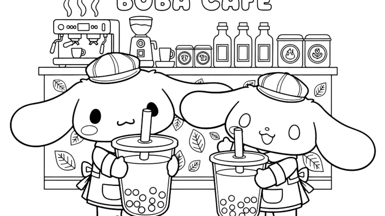 Cinnamoroll kolorowanka: dwa urocze pieski w czapkach i fartuszkach piją bubble tea w Boba Café.