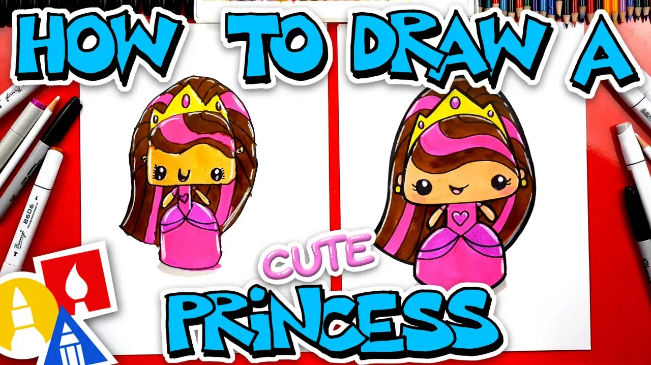 Uroczy rysunek księżniczki w różowej sukience i złotej koronie. Obok napisy "HOW TO DRAW A CUTE PRINCESS".