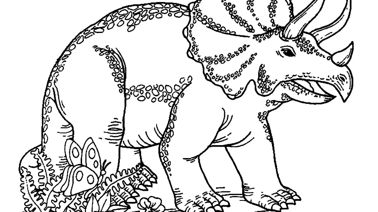Triceratops kolorowanka z motylem i kwiatami. Dinozaur czeka na kolory!