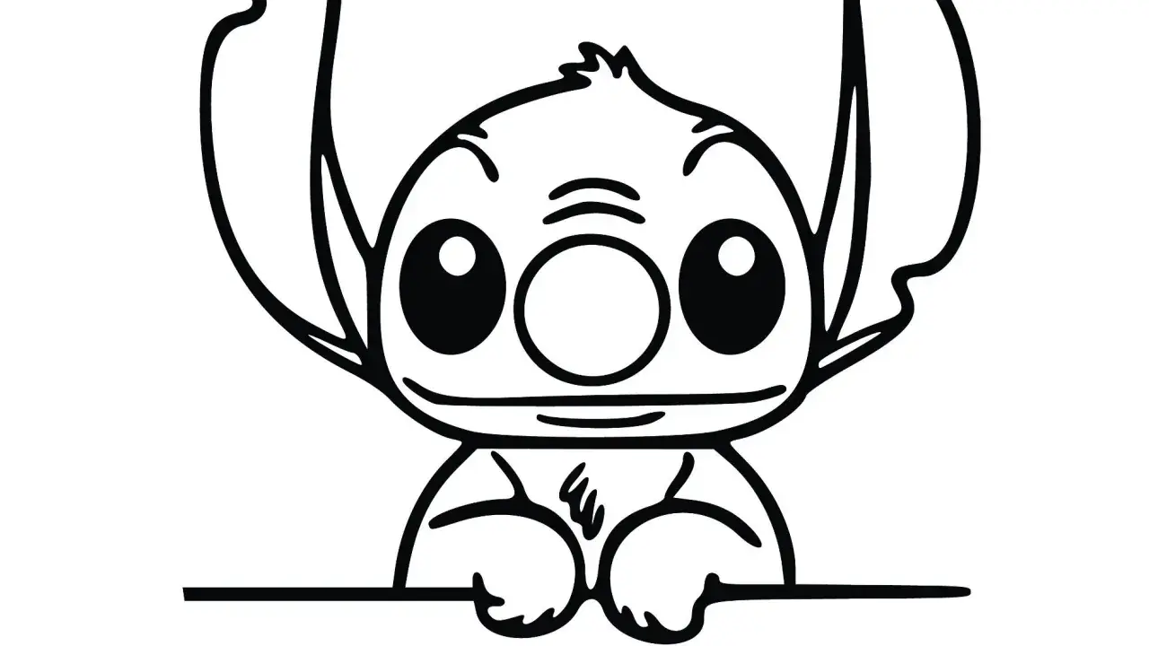Uroczy stitch rysunek, z wielkimi uszami i okrągłymi oczami, wygląda jakby wychylał się zza niewidzialnej przeszkody.