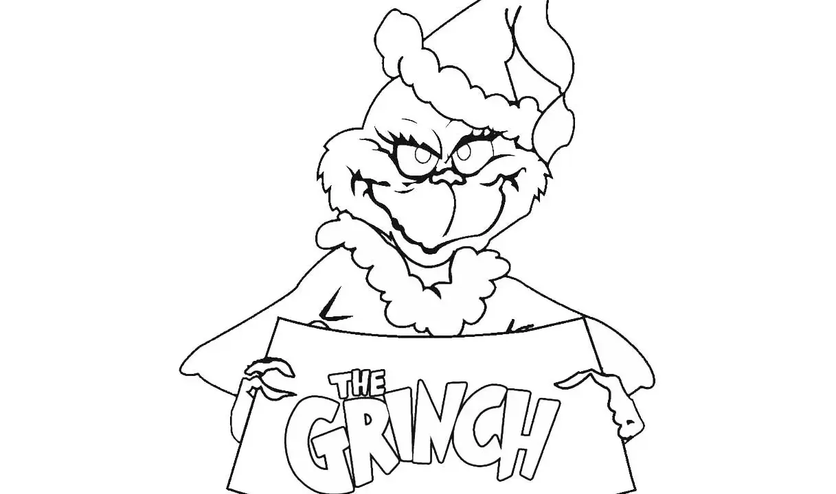 Grinch w czapce Mikołaja trzyma tabliczkę z napisem "The Grinch". Idealna grinch kolorowanka dla dzieci.