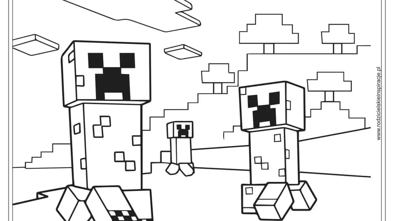 Dwa wielkie i jedno małe creepery z gry Minecraft czekają na pokolorowanie. Te proste minecraft rysunki to świetna zabawa dla fanów.