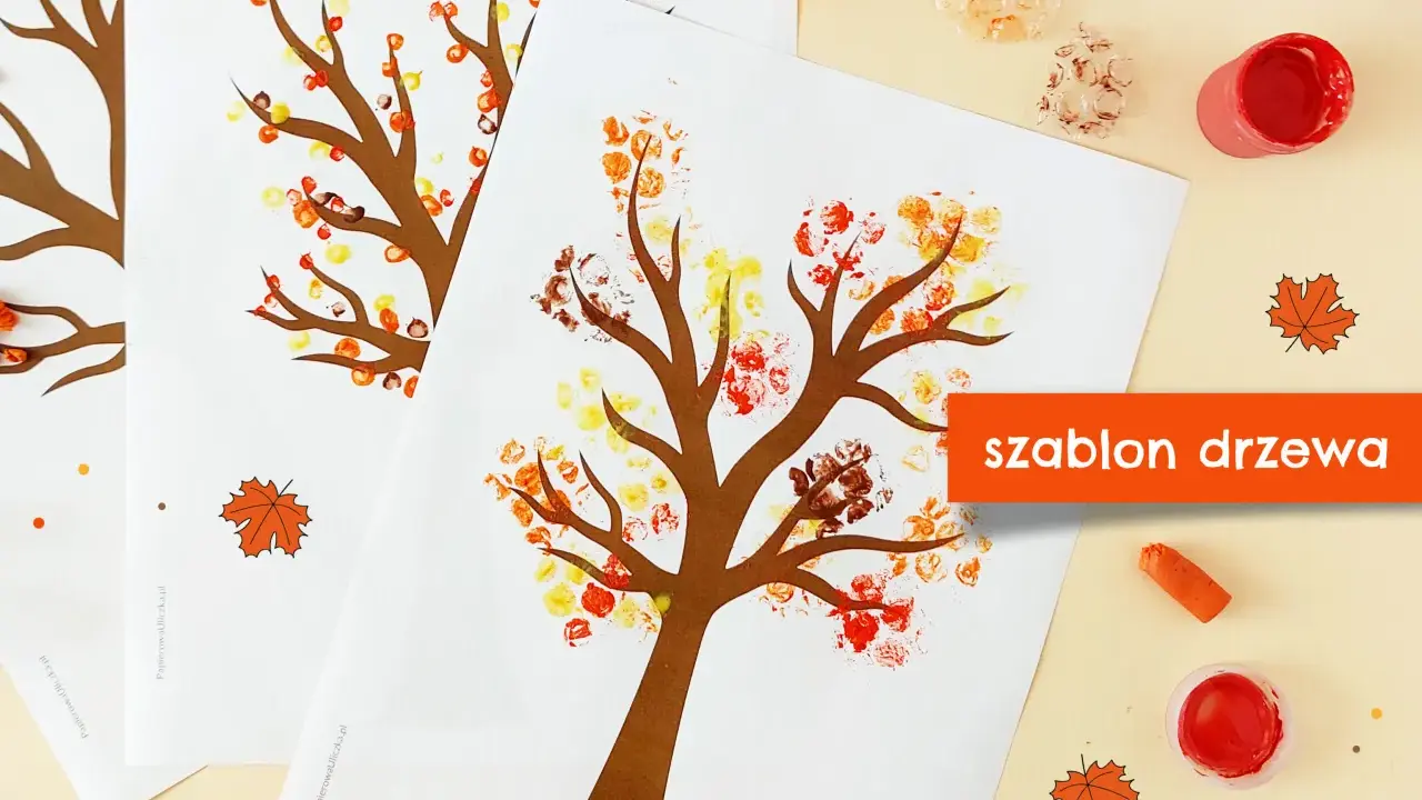 Jesienne drzewo bez liści, szablon do druku, ozdobione kolorowymi odciskami palców. Idealne do kreatywnych zabaw.