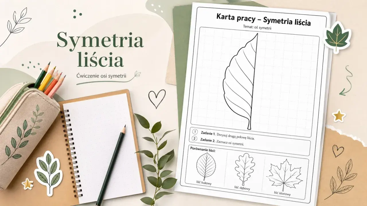 Karta pracy z ćwiczeniem symetrii liścia. Dzieci rysują drugą połowę liścia, ćwicząc oś symetrii.