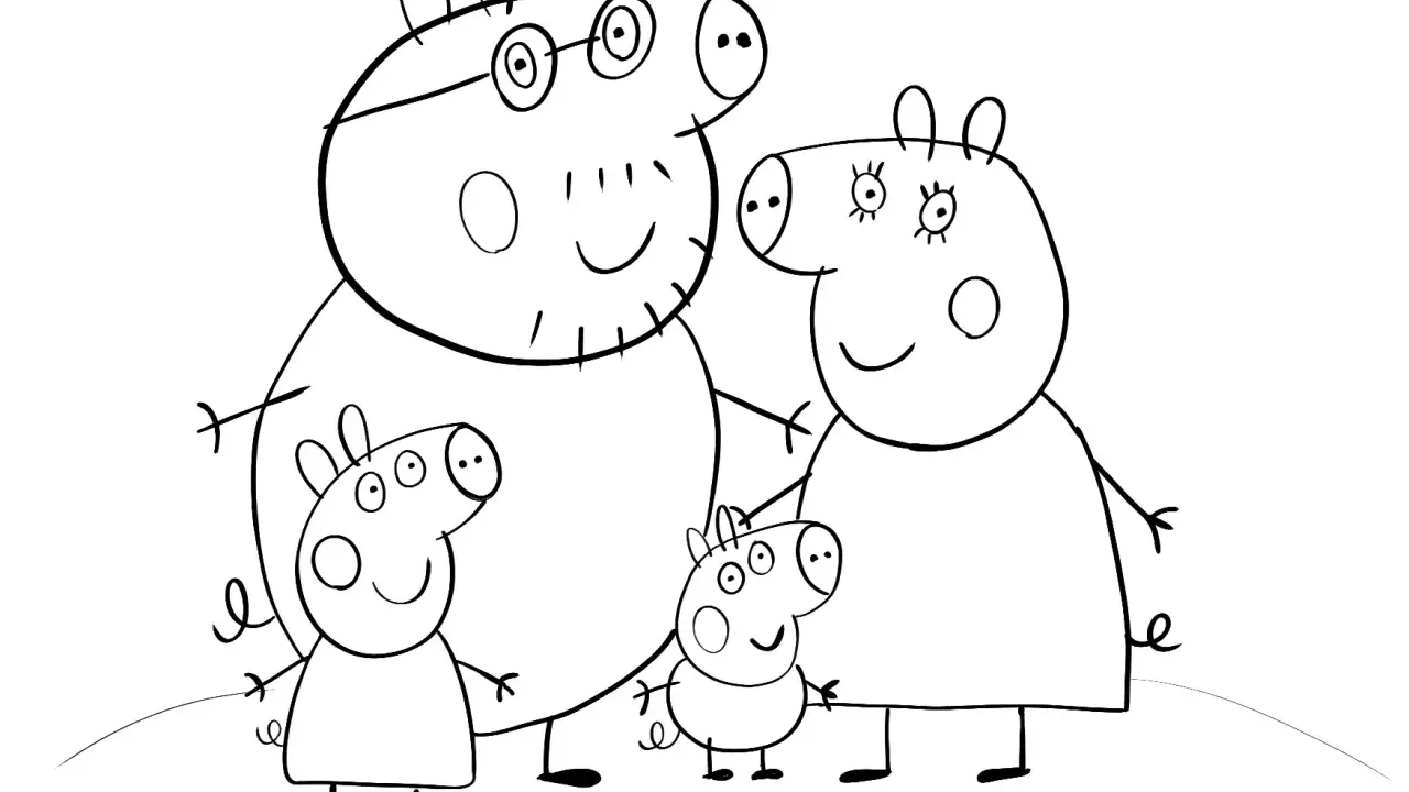 Rodzina Świnki Peppy do druku. Tata, mama, Peppa i George czekają na pokolorowanie.