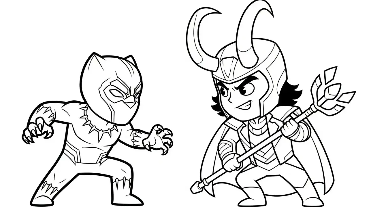 Czarno-biała avengers kolorowanka z Czarną Panterą i Lokim w stylu chibi. Gotowi do walki!