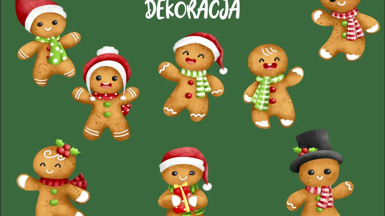 Urocze pierniczki do druku w świątecznych strojach: w czapkach Mikołaja, z szalikami i prezentami.