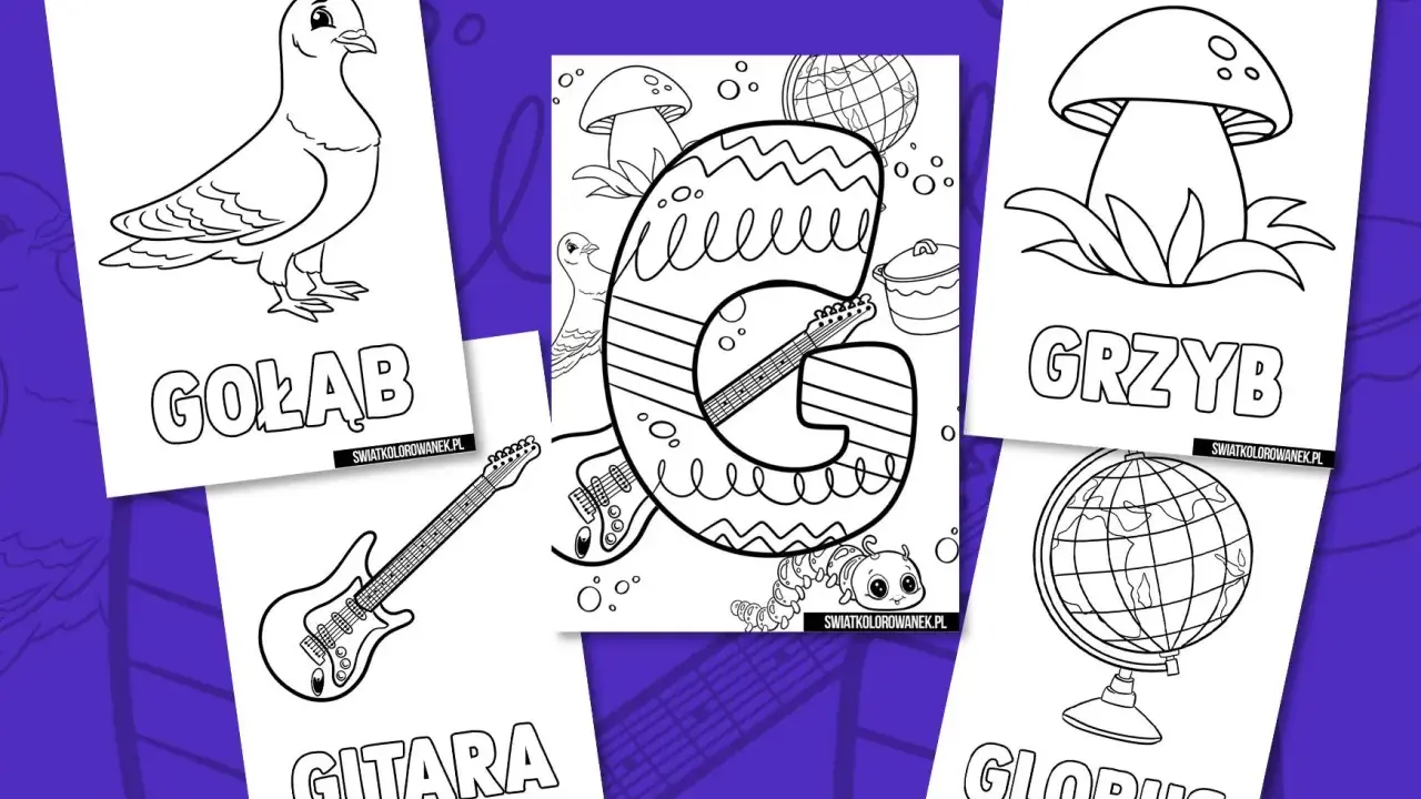 Karty pracy z literą G: gołąb, gitara, grzyb, globus. Kolorowanki dla dzieci.