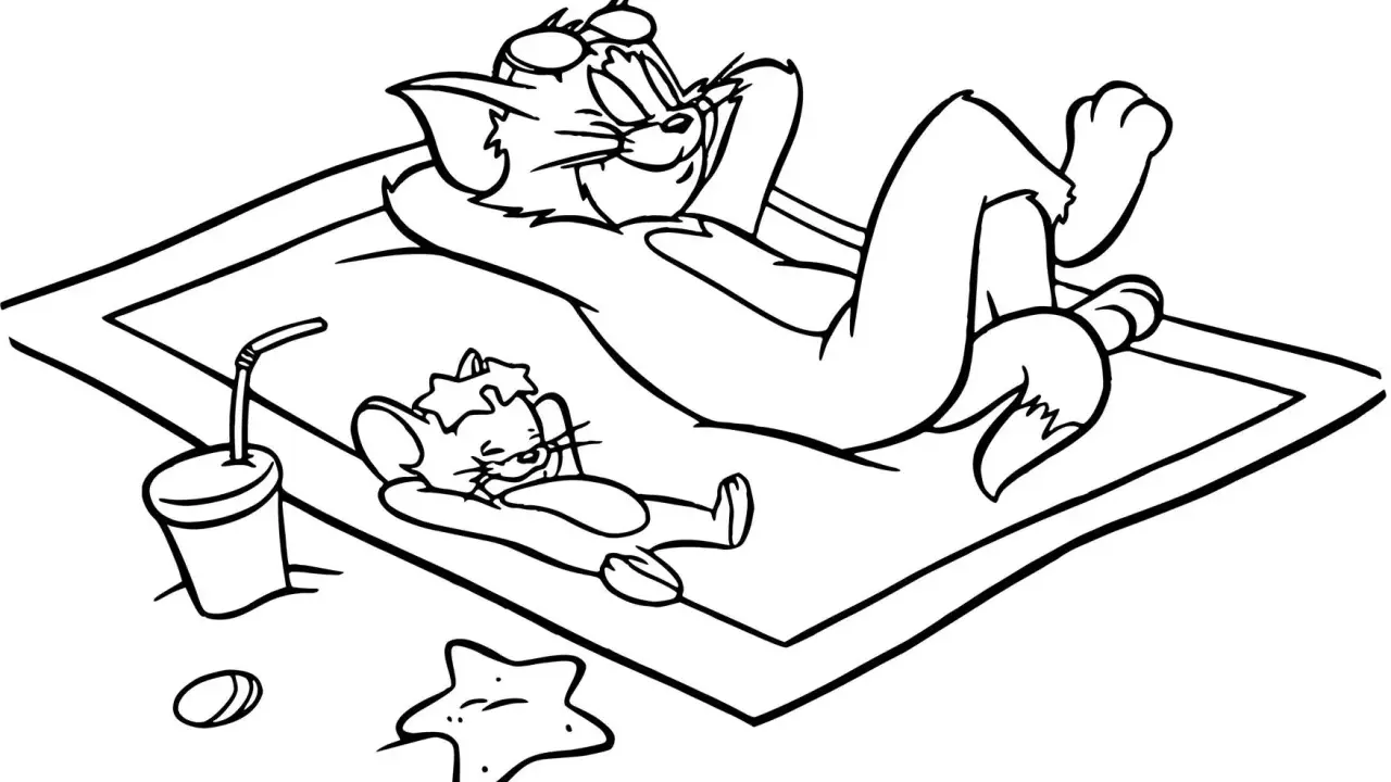 Tom i Jerry kolorowanka: Tom w okularach przeciwsłonecznych wyleguje się na ręczniku, a Jerry leży obok.