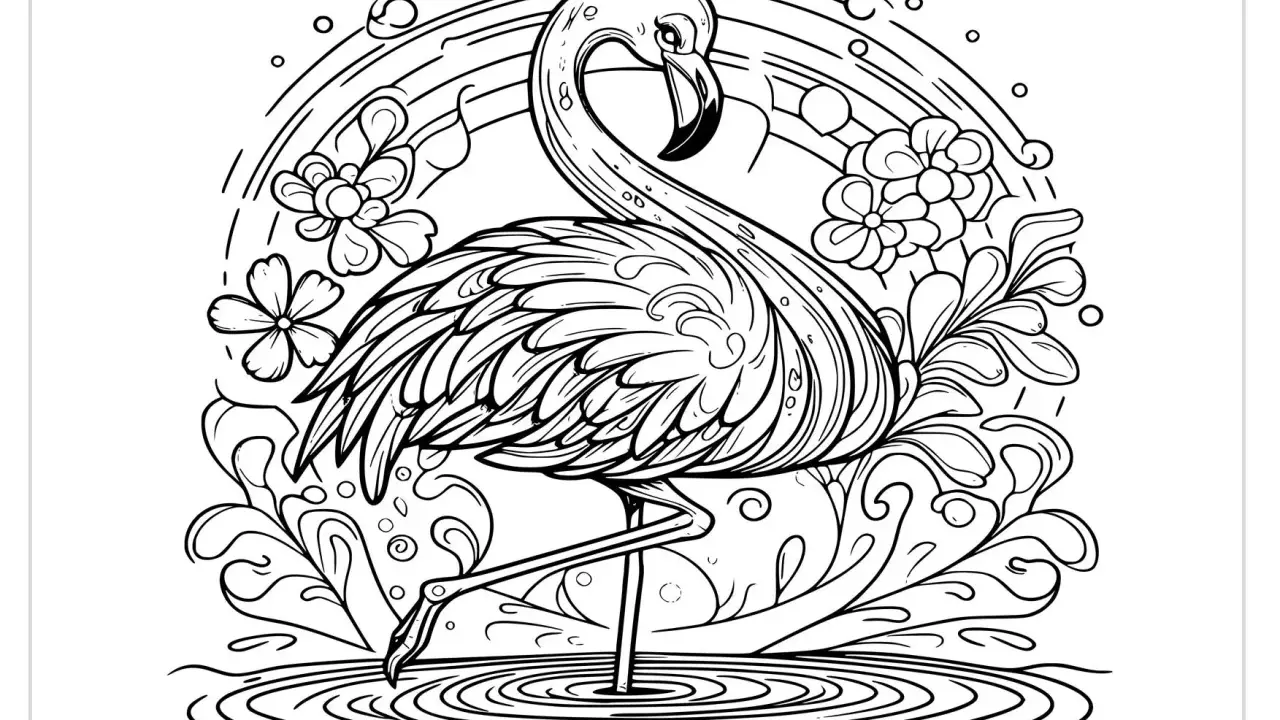 Flamingo na flaming kolorowanka, otoczony tęczą, kwiatami i wodą. Czeka na Twoje kolory!