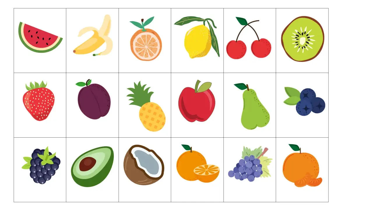 Kolorowe owoce do druku: arbuz, banan, pomarańcza, cytryna, wiśnie, kiwi, truskawka, śliwka, ananas, jabłko, gruszka, borówki, jeżyna, awokado, kokos, mandarynka, winogrona.