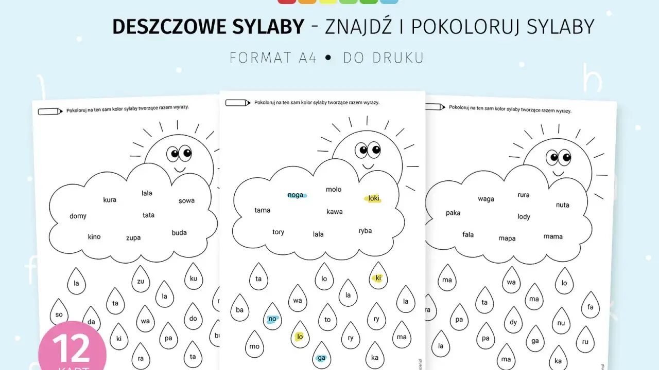 Karty pracy z literami i sylabami do kolorowania. Dzieci łączą sylaby w chmurkach i deszczowych kroplach, tworząc wyrazy.
