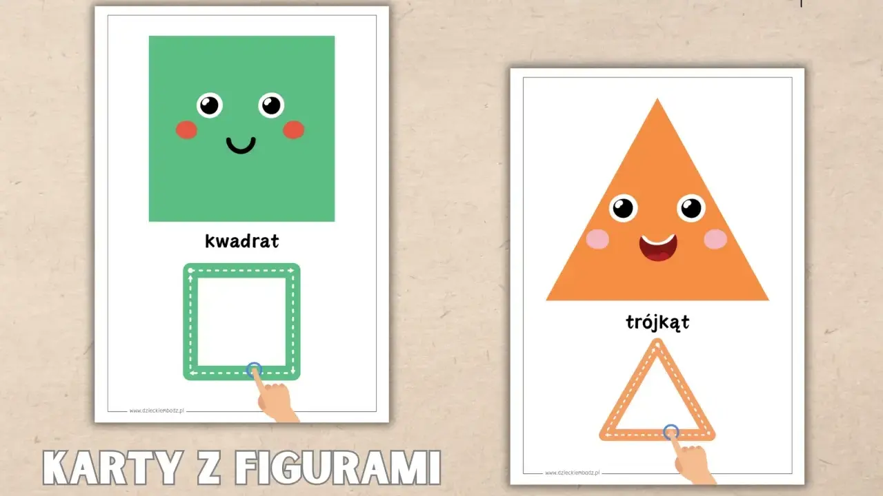 Karty edukacyjne do nauki kształtów: wesoły kwadrat i trójkąt. Dzieci ćwiczą rysowanie figur geometrycznych.