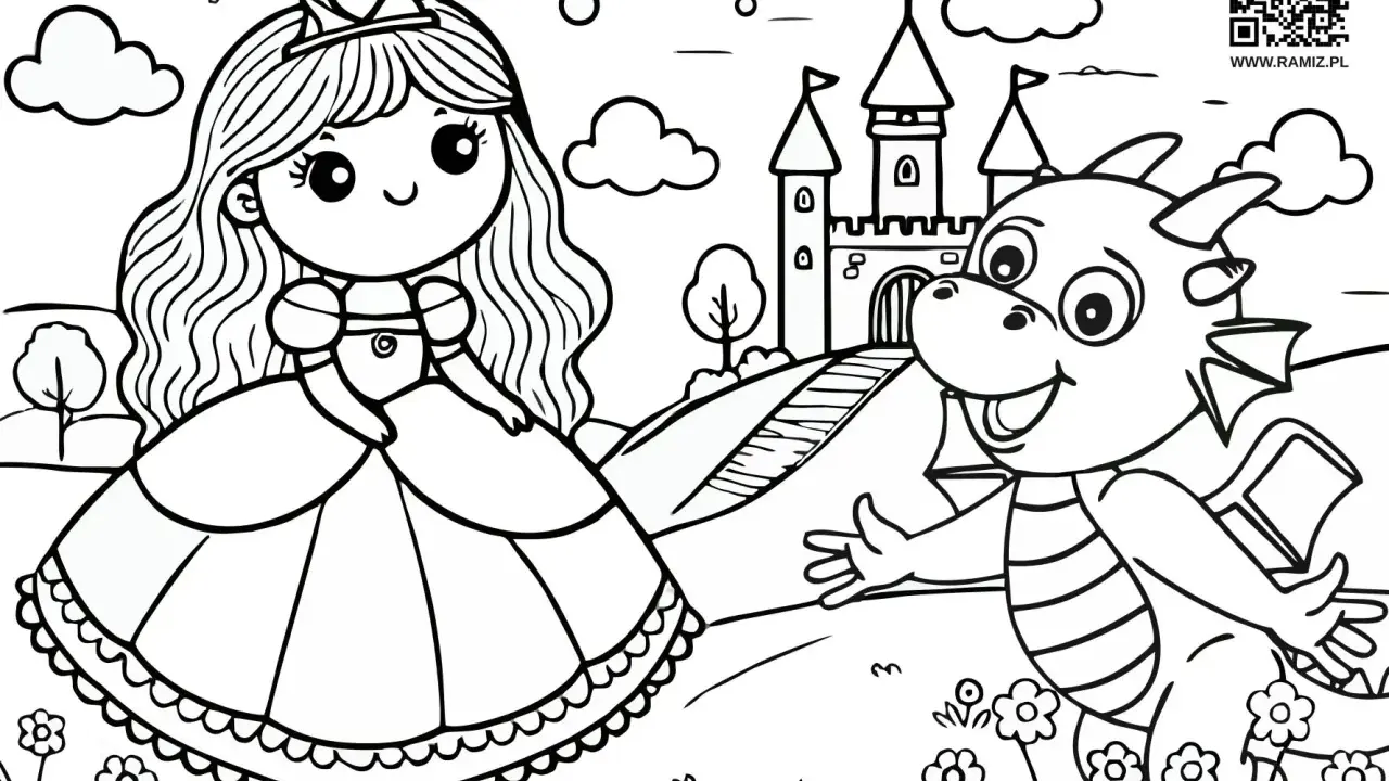 Urocza księżniczka i przyjazny smok czekają na pokolorowanie. Ta kolorowanka z rodziną przeniesie Cię do świata bajek.