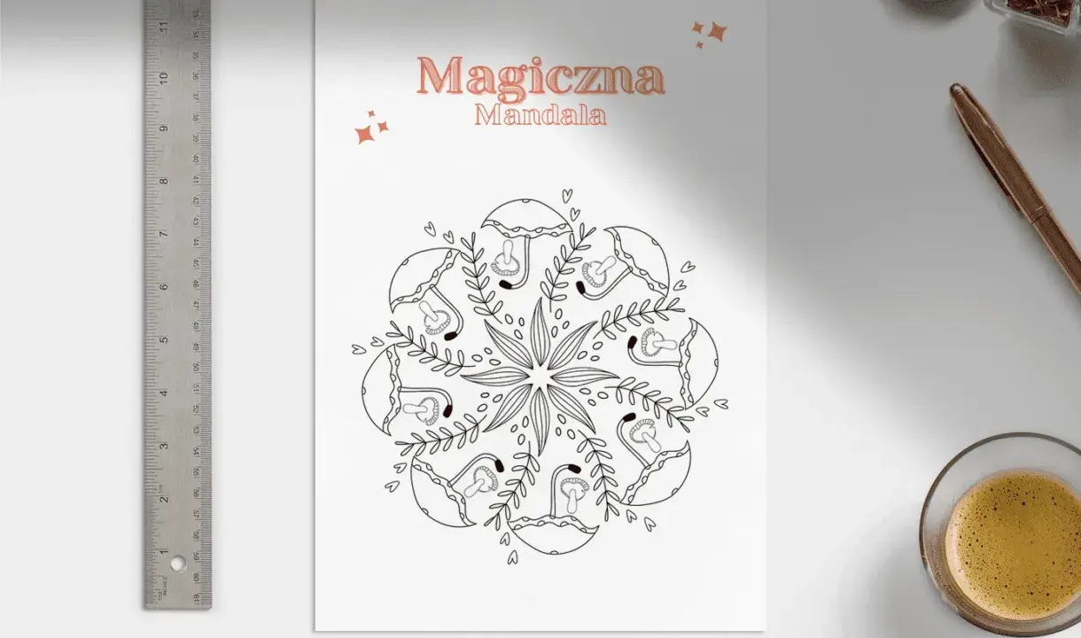 Magiczna mandala do druku z motywem grzybków i listków. Idealna do kolorowania dla dzieci i dorosłych.