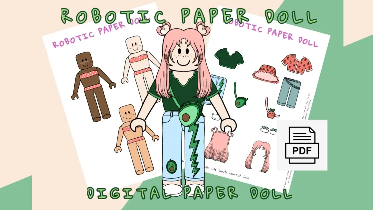 Ilustracja przedstawia cyfrowe papierowe lalki w stylu Roblox z ubraniami i akcesoriami do druku.
