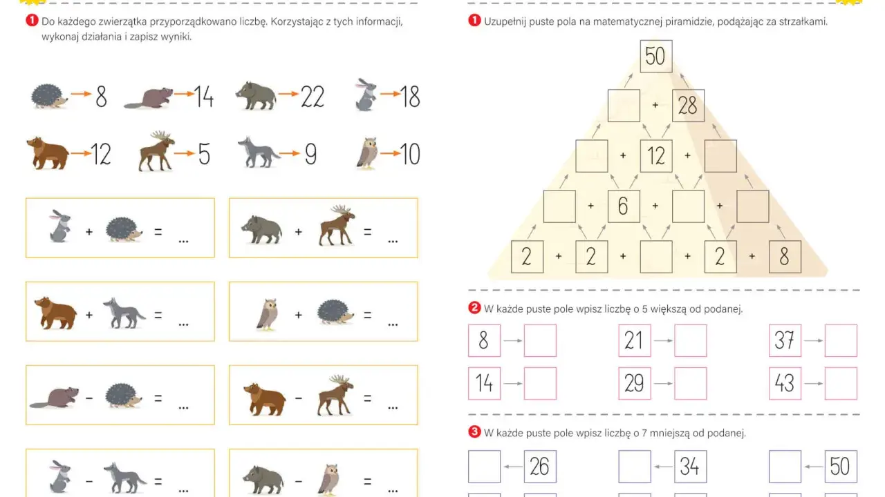 Karty pracy matematyka klasa 3: zadania z dodawaniem i odejmowaniem w zakresie 50, piramida matematyczna i uzupełnianie liczb.