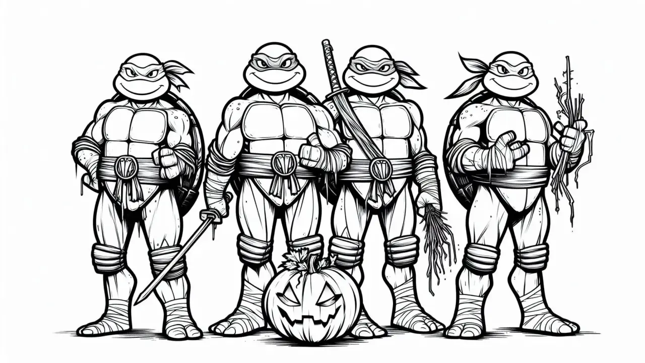 Cztery Żółwie Ninja gotowe do walki, z dynią na Halloween. Idealna żółwie ninja kolorowanka dla fanów!
