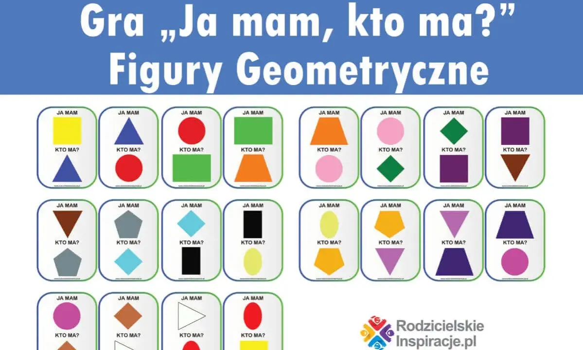 Kolorowe karty z figurami geometrycznymi do gry "Ja mam, kto ma?". Idealne kształty do druku dla dzieci.