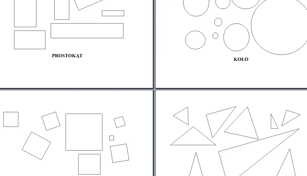 Figury geometryczne klasa 1: prostokąty, koła, kwadraty i trójkąty.