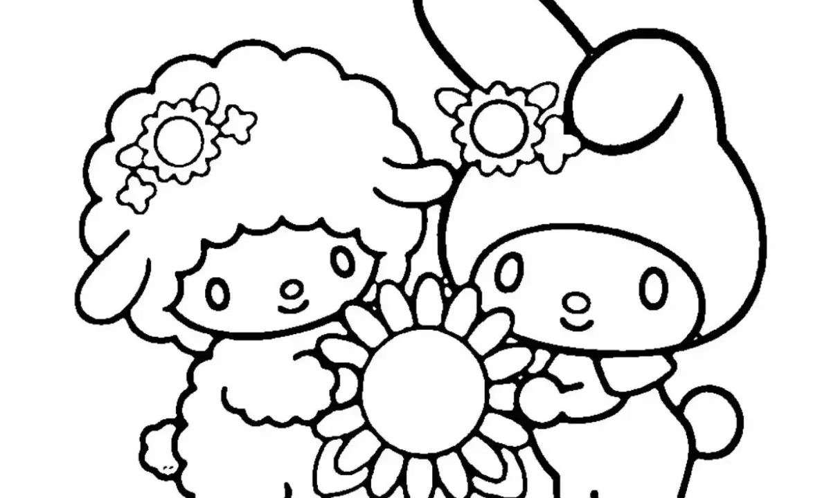 Urocza My Melody i jej przyjaciel baranek pozują z kwiatkiem. Idealna my melody kolorowanka dla dzieci.