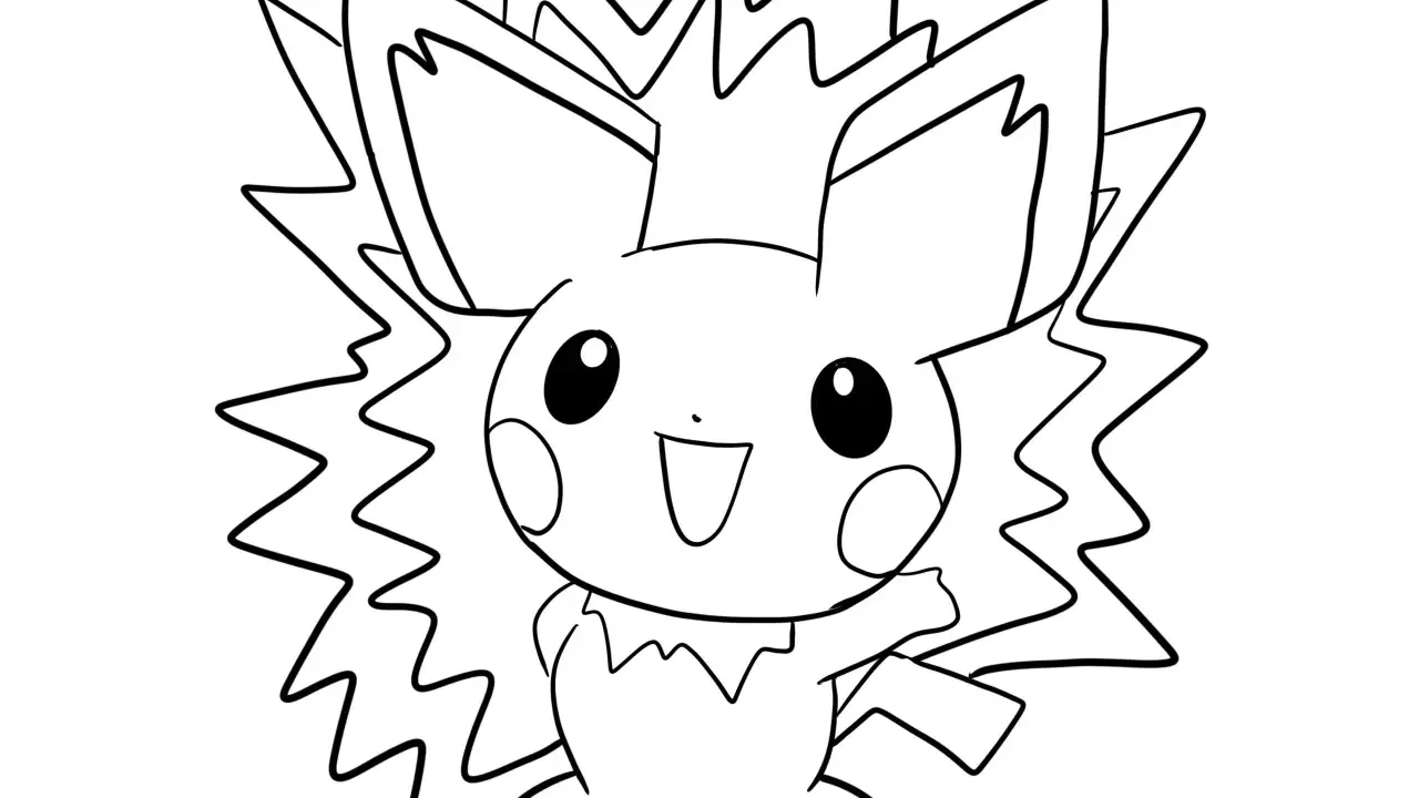 Pichu kolorowanka z iskrzącym tłem. Uroczy Pikachu, gotowy do pokolorowania, macha łapką.