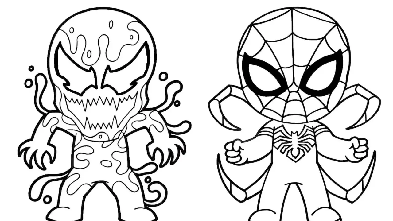 Czarno-biała kolorowanka z uroczymi postaciami: z lewej strony potworny Venom, z prawej Spider-Man. Idealne do pokolorowania!