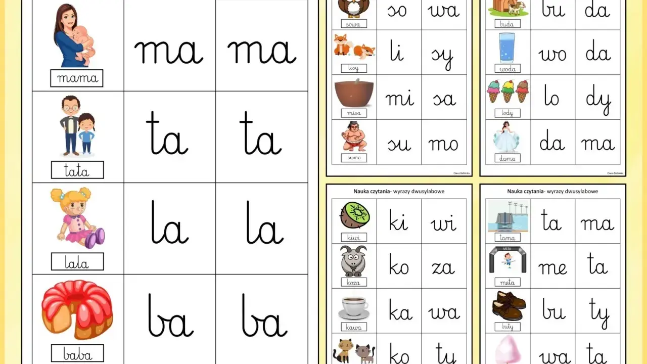 Karta pracy do nauki czytania dwusylabowych wyrazów. Obrazki i sylaby pomagają w nauce czytania.