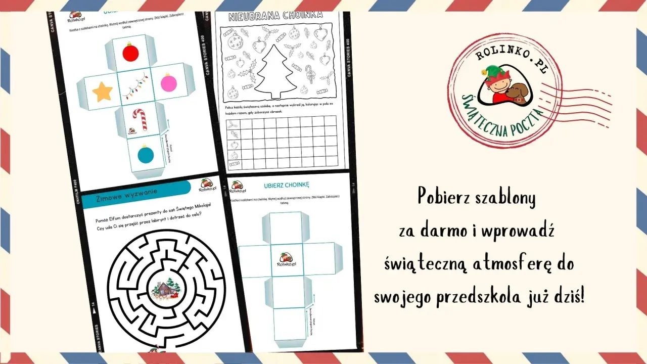 Szablony świąteczne do druku: kostki z ozdobami, labirynt z Elfami i zadanie z choinką. Stwórz magiczną atmosferę!