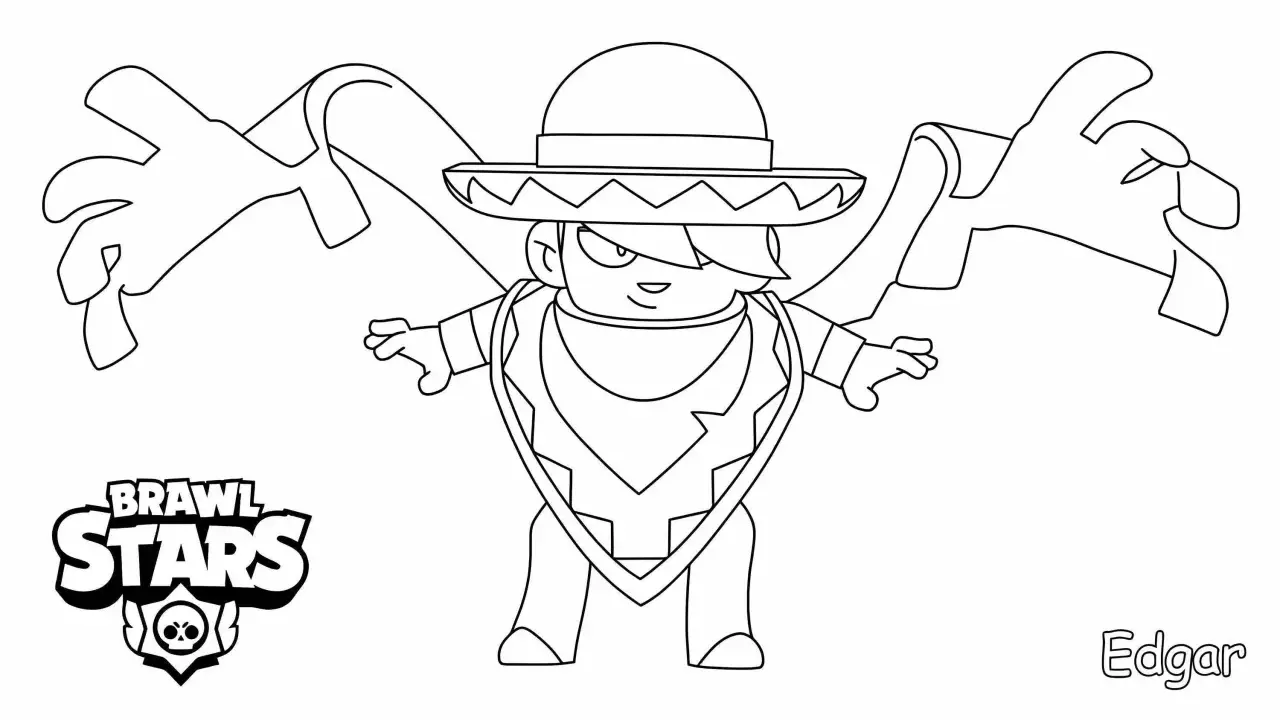 Edgar z Brawl Stars w wersji do kolorowania, z charakterystycznym ponchem i kapeluszem.