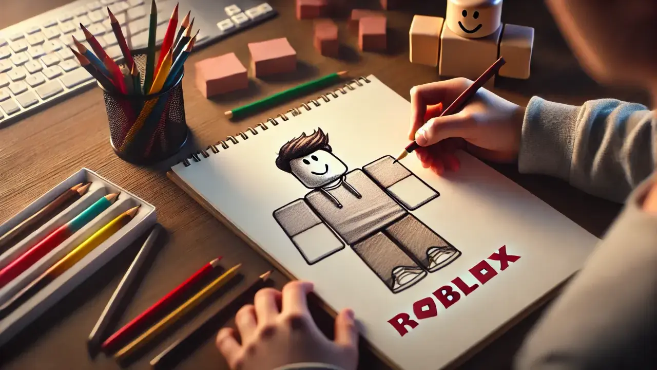 Dziecko tworzy rysunek Roblox, szkicując postać na kartce papieru.