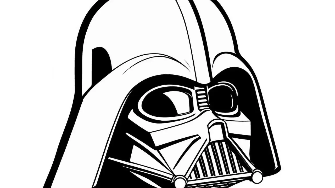 Darth Vader kolorowanka. Ikoniczna maska Lorda Vadera, gotowa do pokolorowania przez fanów Gwiezdnych Wojen.