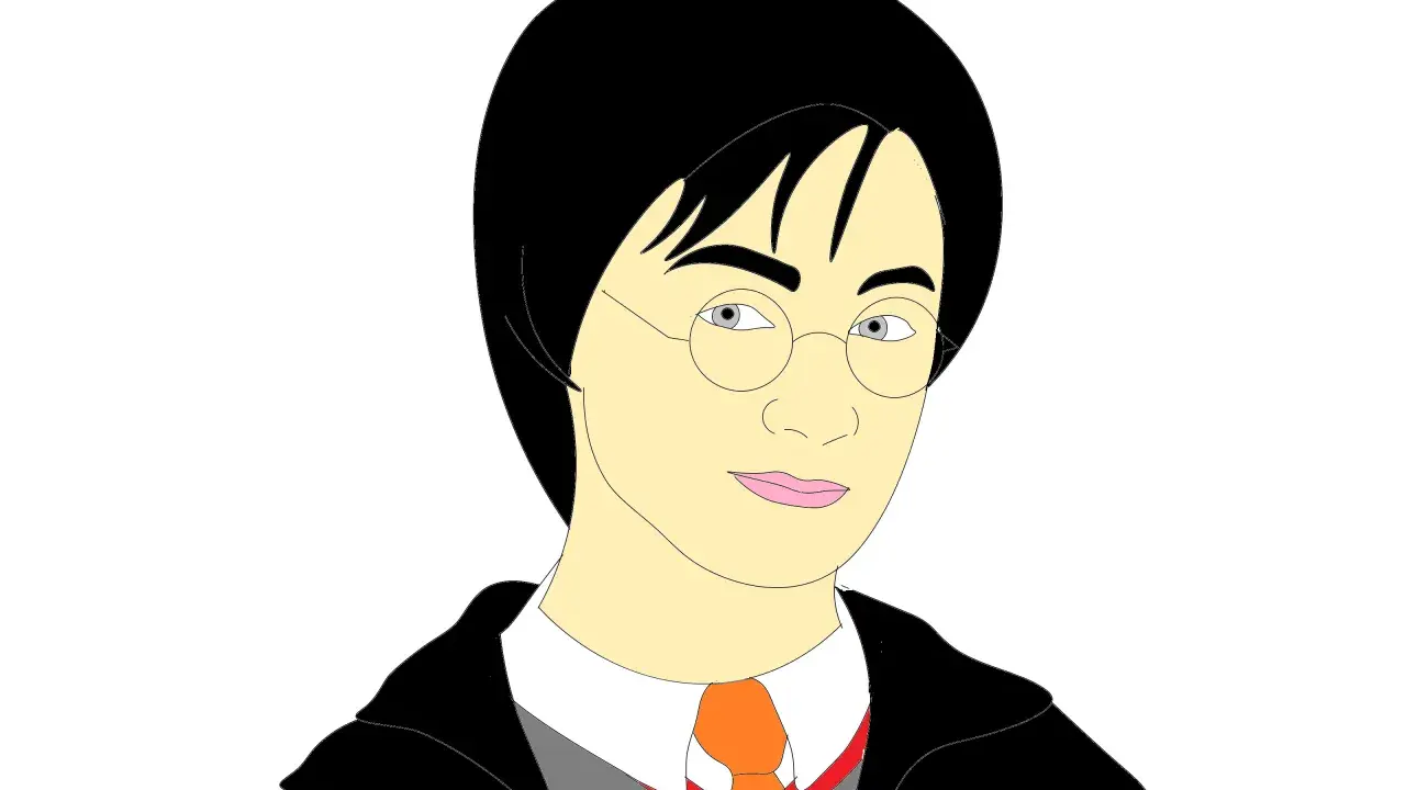 Prosty, kolorowy rysunek przedstawiający Harry'ego Pottera w okularach i szacie.