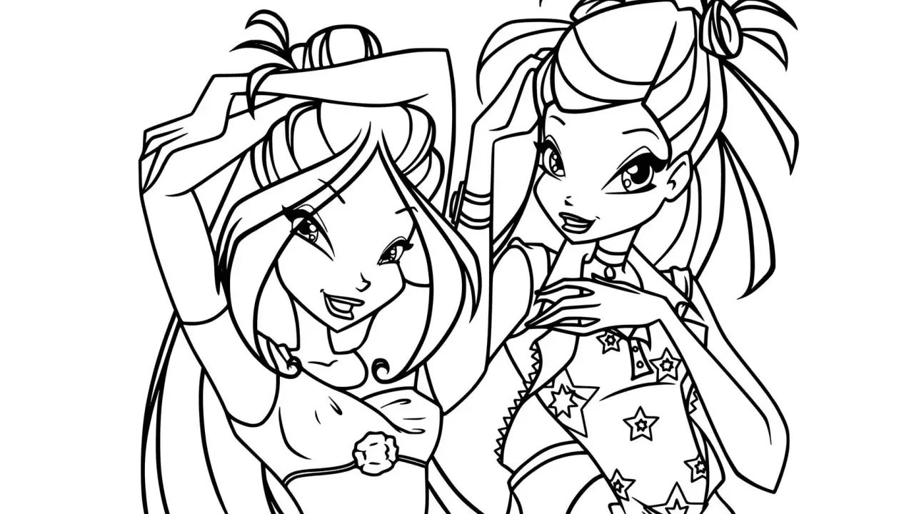 Dwie uśmiechnięte wróżki z Winx Club czekają na pokolorowanie. Idealne anime do druku dla fanów!