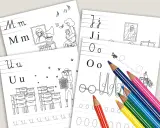 Karta pracy z literą "n" i ilustracjami: pszczoły, ule, muzyka. Kolorowe kredki gotowe do nauki.