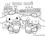 Cinnamoroll kolorowanka: dwa urocze pieski w czapkach i fartuszkach piją bubble tea w Boba Café.