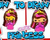 Uroczy rysunek księżniczki w różowej sukience i złotej koronie. Obok napisy "HOW TO DRAW A CUTE PRINCESS".