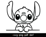 Uroczy stitch rysunek, z wielkimi uszami i okrągłymi oczami, wygląda jakby wychylał się zza niewidzialnej przeszkody.