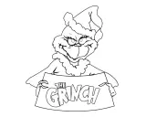 Grinch w czapce Mikołaja trzyma tabliczkę z napisem "The Grinch". Idealna grinch kolorowanka dla dzieci.