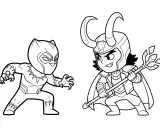 Czarno-biała avengers kolorowanka z Czarną Panterą i Lokim w stylu chibi. Gotowi do walki!