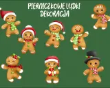 Urocze pierniczki do druku w świątecznych strojach: w czapkach Mikołaja, z szalikami i prezentami.