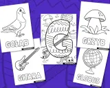 Karty pracy z literą G: gołąb, gitara, grzyb, globus. Kolorowanki dla dzieci.
