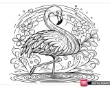 Flamingo na flaming kolorowanka, otoczony tęczą, kwiatami i wodą. Czeka na Twoje kolory!