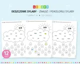 Karty pracy z literami i sylabami do kolorowania. Dzieci łączą sylaby w chmurkach i deszczowych kroplach, tworząc wyrazy.