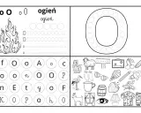 Karta pracy z literą "o" i obrazkami. Ogień, owca, oko, owoce i inne przedmioty do nauki litery "o".